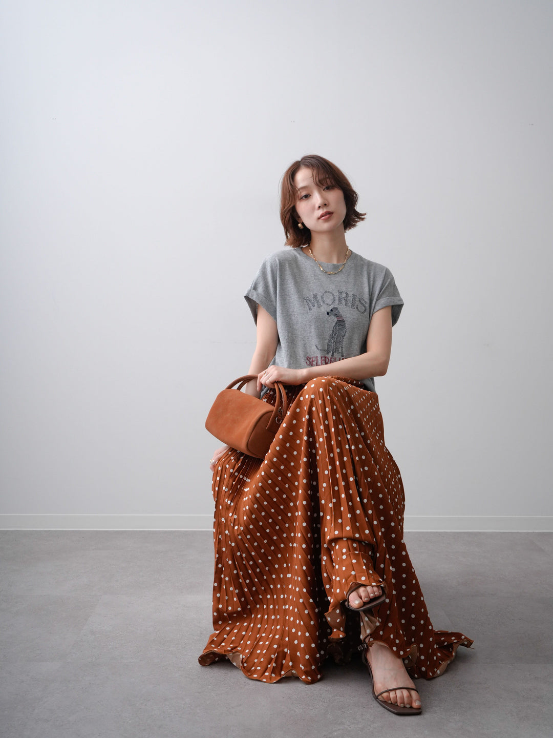 [SET]ドッグエンブロイダリーTEE+ドットアコーディオンプリーツスカート(2set)