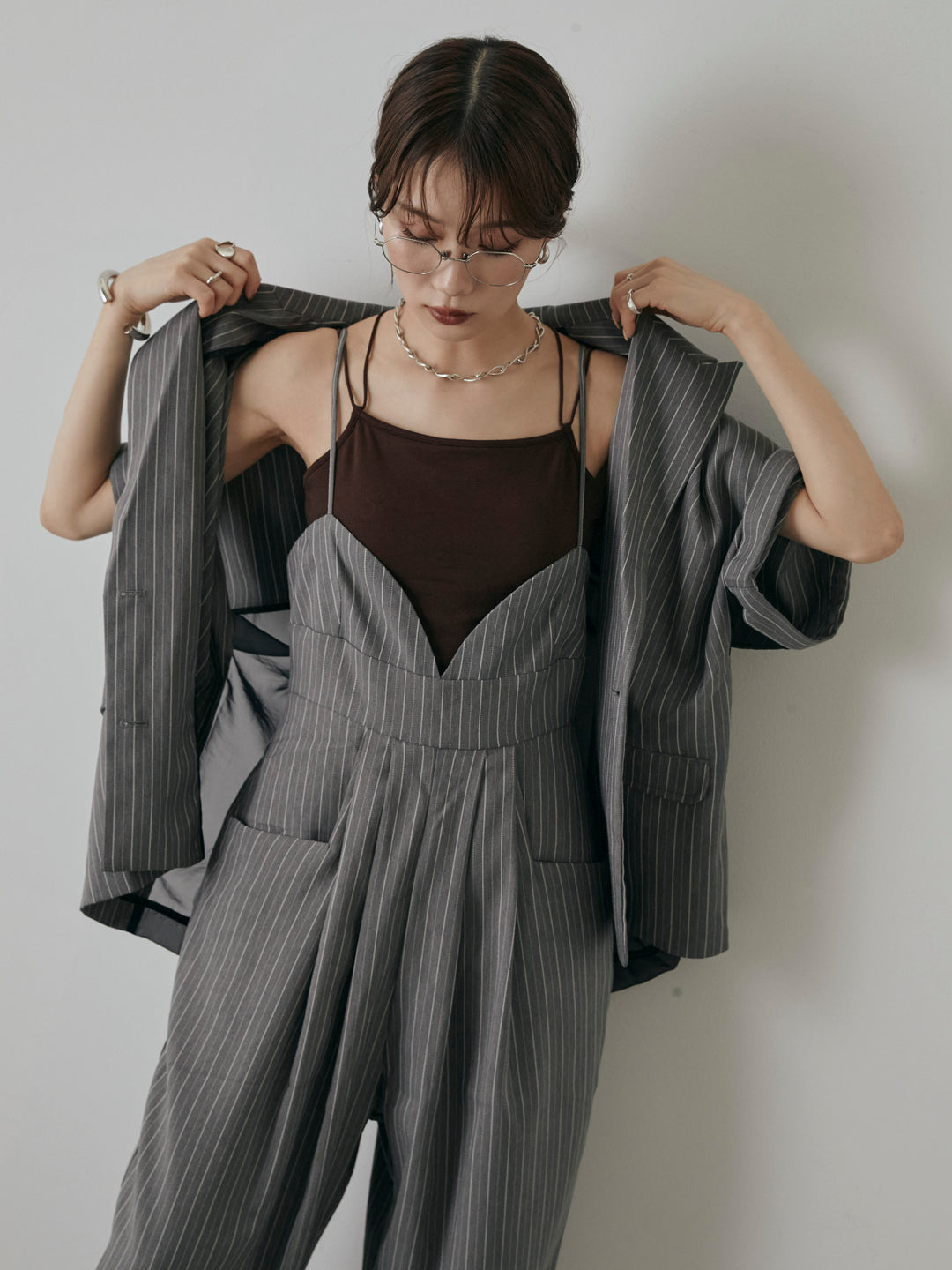 [予約]ヘリンボーンストライプサロペット/チャコール