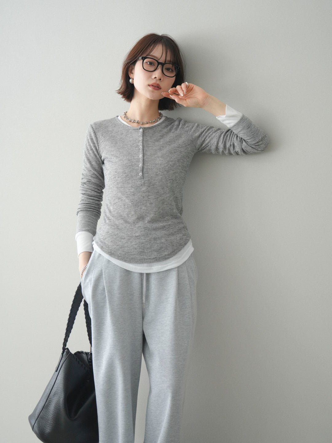 [予約]シアーリブヘンリーネックロンT/gray