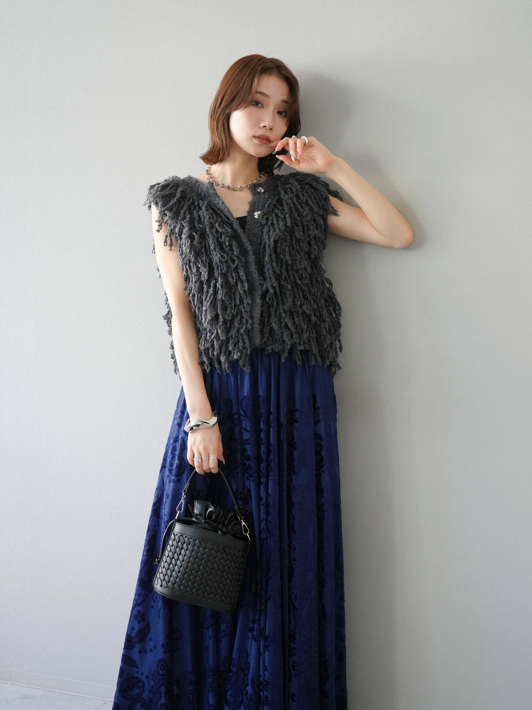 [SET]フリンジループニットベスト+アンティーク柄フロッキーマキシスカート(2set)