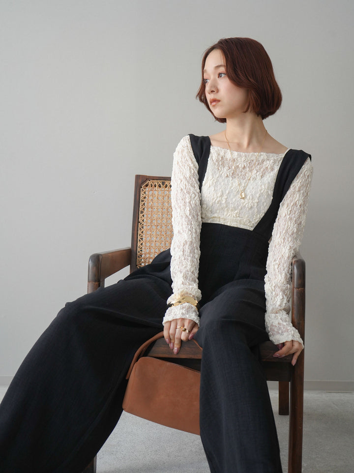 [SET]サイドギャザーレーストップス+シボ加工ハイウエストタックサロペット(2set)