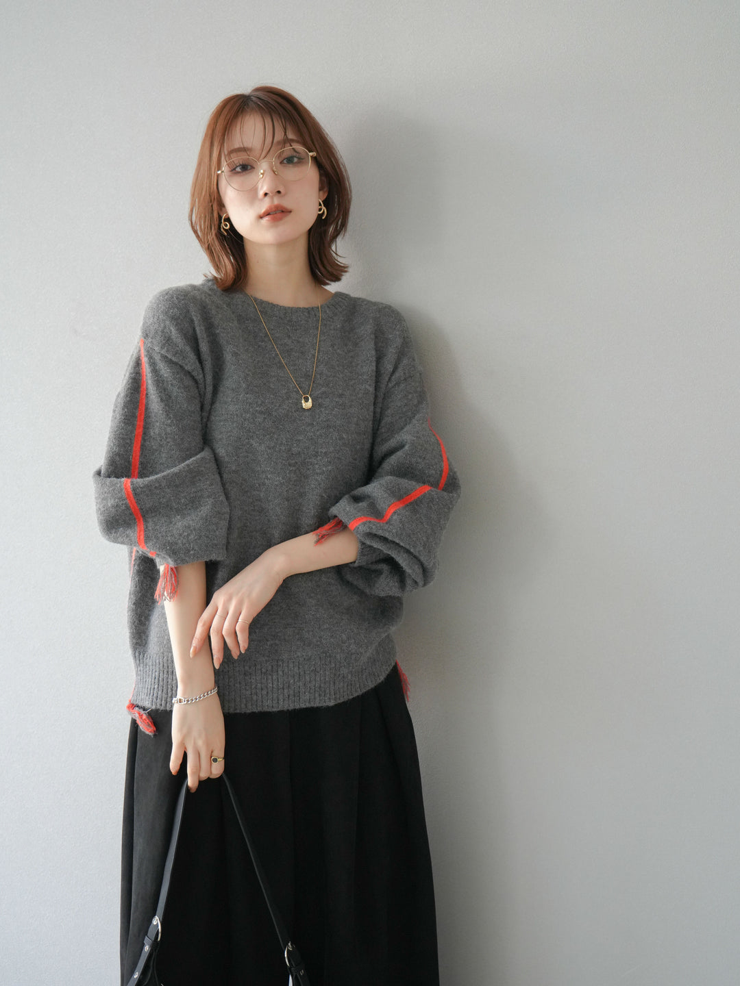 [SET]配色ステッチフリンジニットプルオーバー +スウェードタックワイドパンツ(2set)