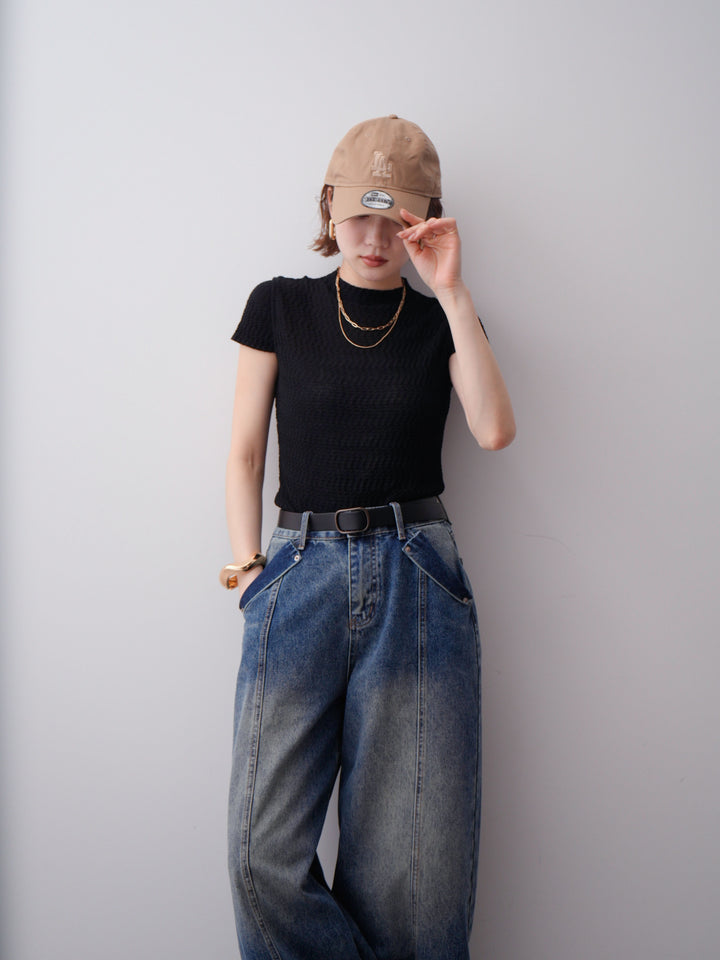 [予約]ウェーブハイネックフレンチニットトップス/black