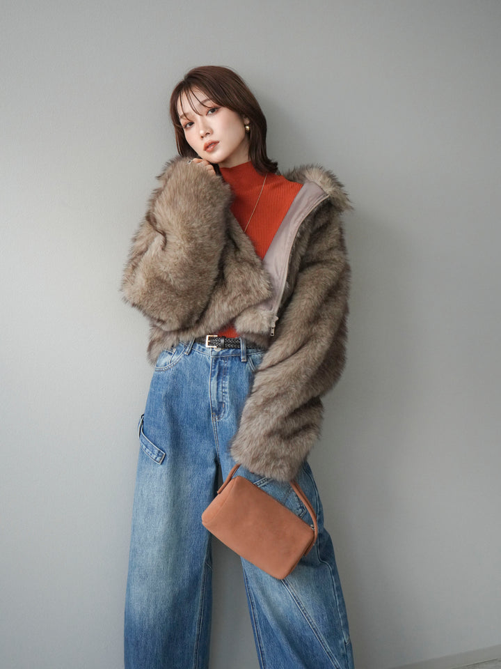 [予約]フェイクファーショートZIPジャケット/brownmix