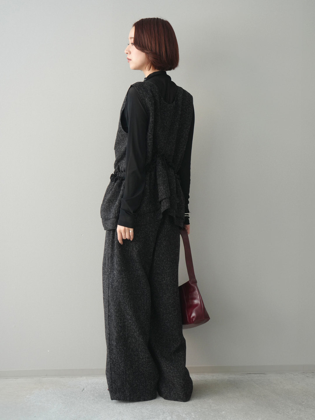 [SET]3WAYミックスツイードギャザーオールインワン+シアープチネックストレッチトップス(2set)