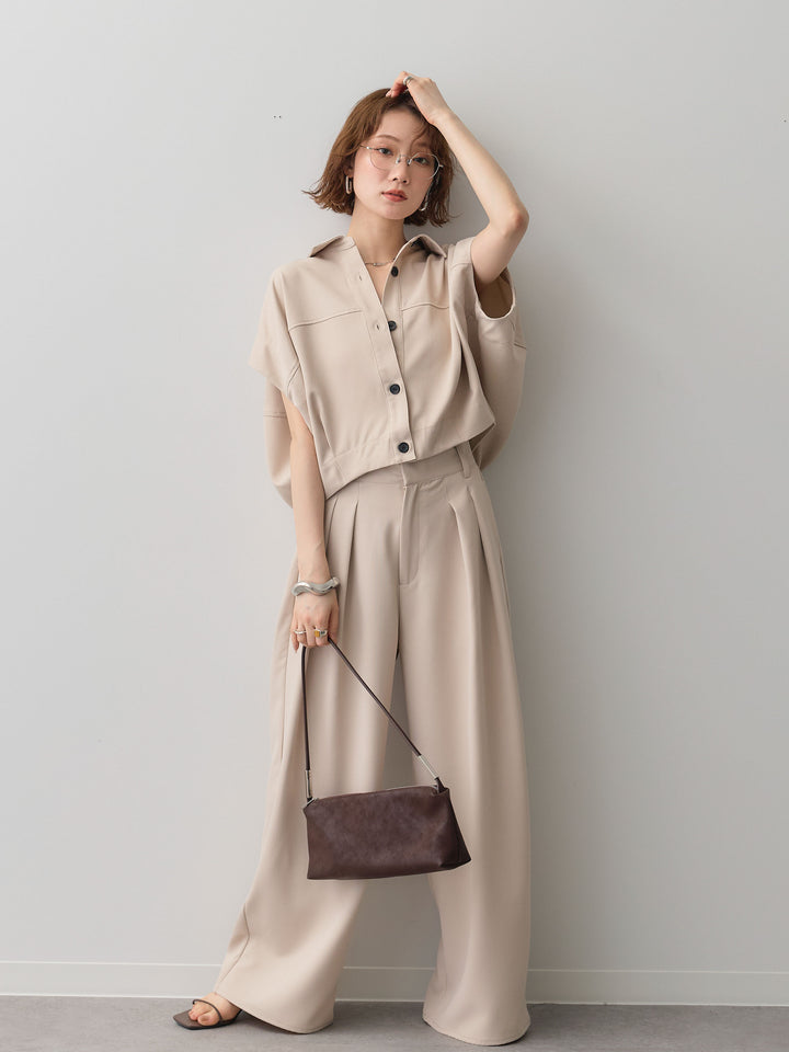 【套裝】縐綢燈籠無袖襯衫 + 縐綢闊腿褲（兩件套）