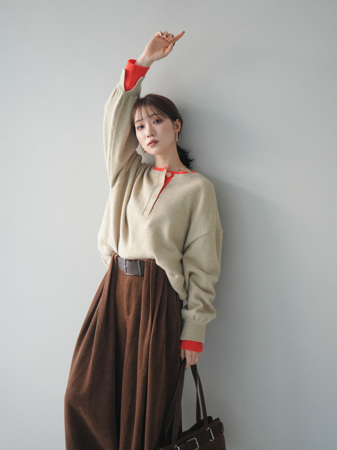 [予約]ヘンリーネック配色レイヤードニットプルオーバー/beige