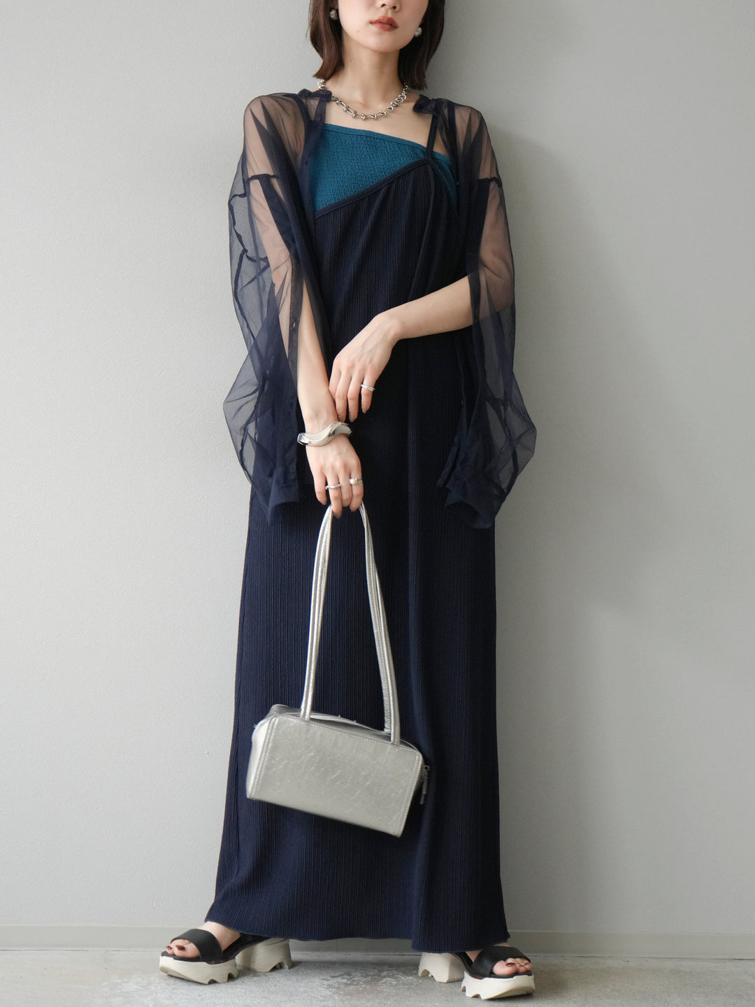 [予約]2WAYスリーブチュールシャツ/ネイビー