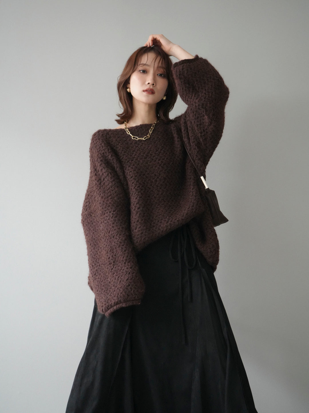 [予約]ワッフル編みオーバーニットプルオーバー/brown