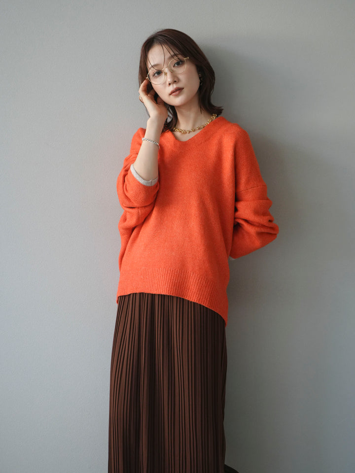【預購】V領拼色袖針織套頭衫/橘色