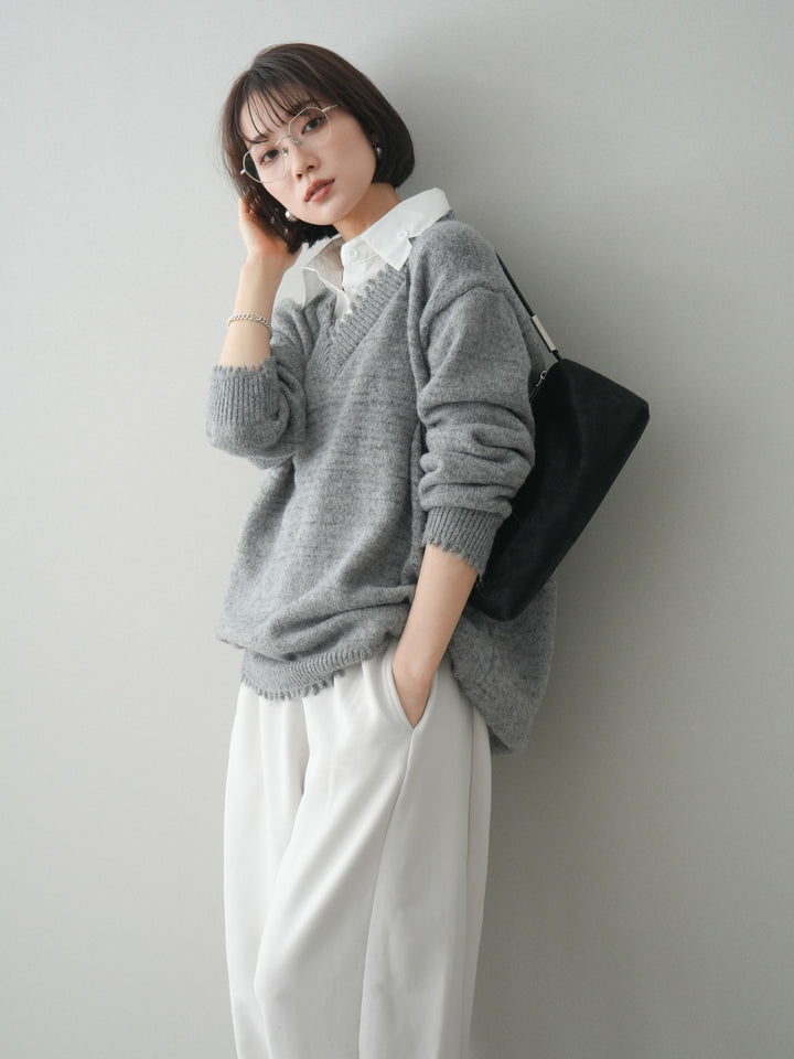 [予約]シャツドッキングVネックフリンジニットプルオーバー/gray