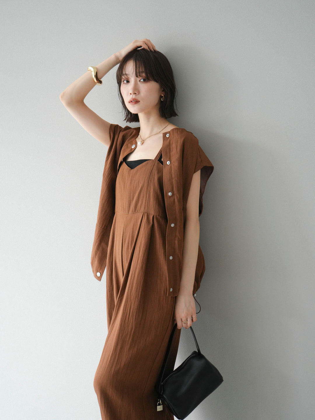 [SET]リネンライクビスチェデザインサロペット+リネンライクドロストバルーンブルゾン(2set)