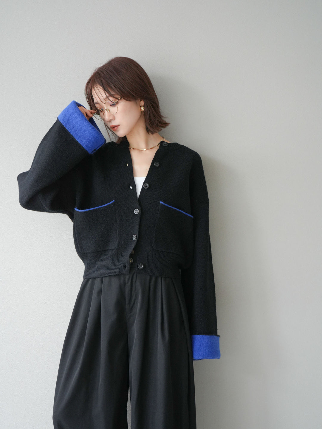 【SET】雙色針織開襟衫+褶襉設計寬褲（2套）