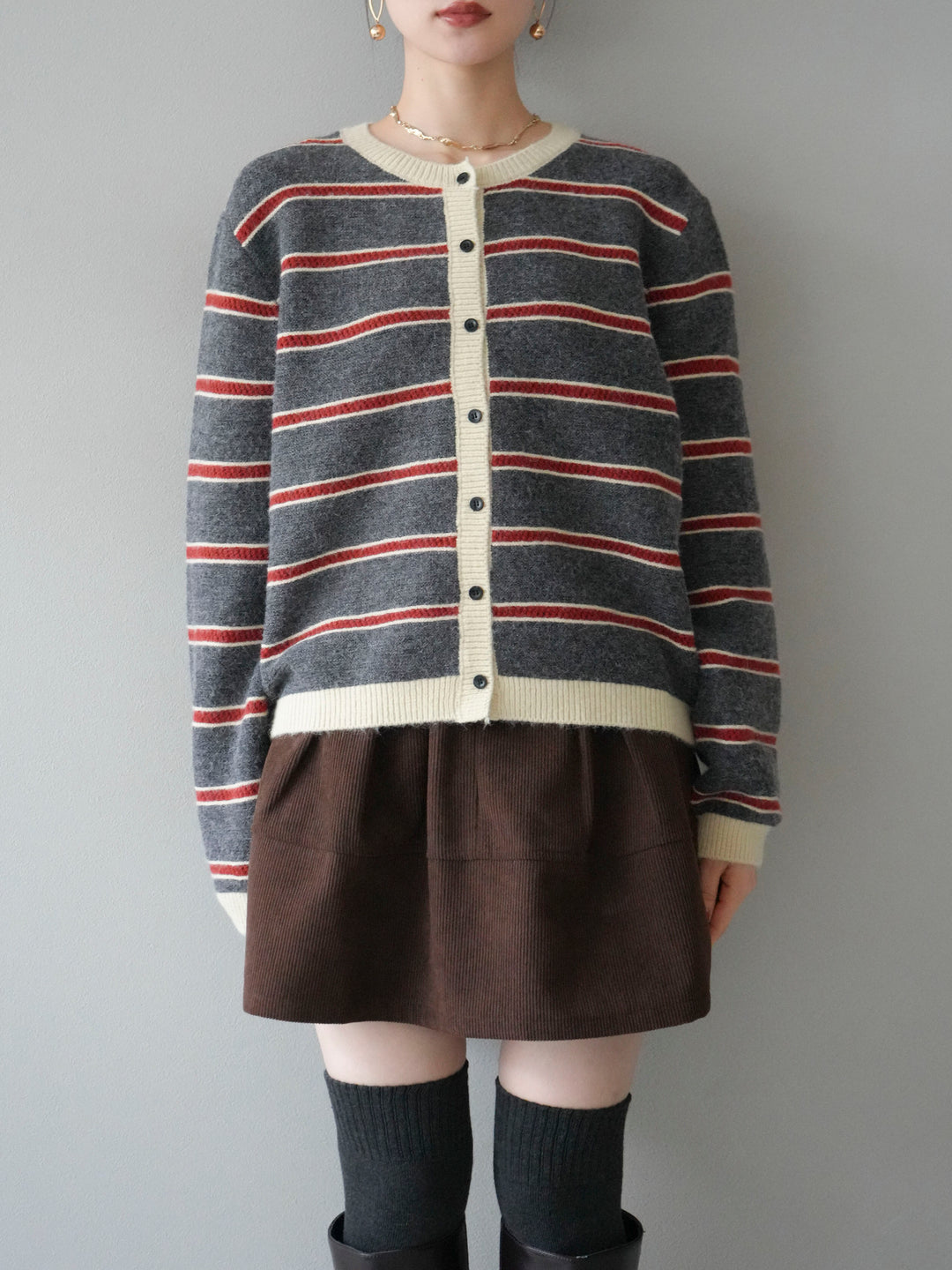 [予約]配色ボーダーニットカーディガン/gray