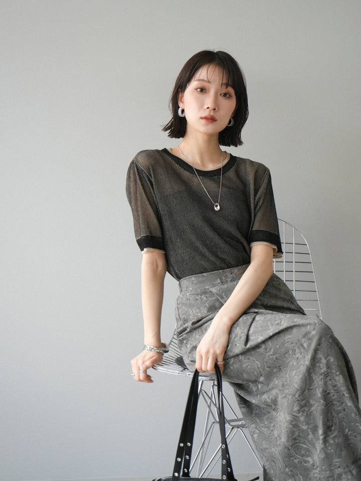 [SET]リネンタッチ配色二重臼ハーフニットトップス+選べるアソート柄スカートセット(2set)