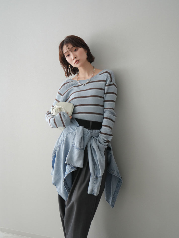 [予約]バックオープンテレコリブマルチボーダートップス/blue