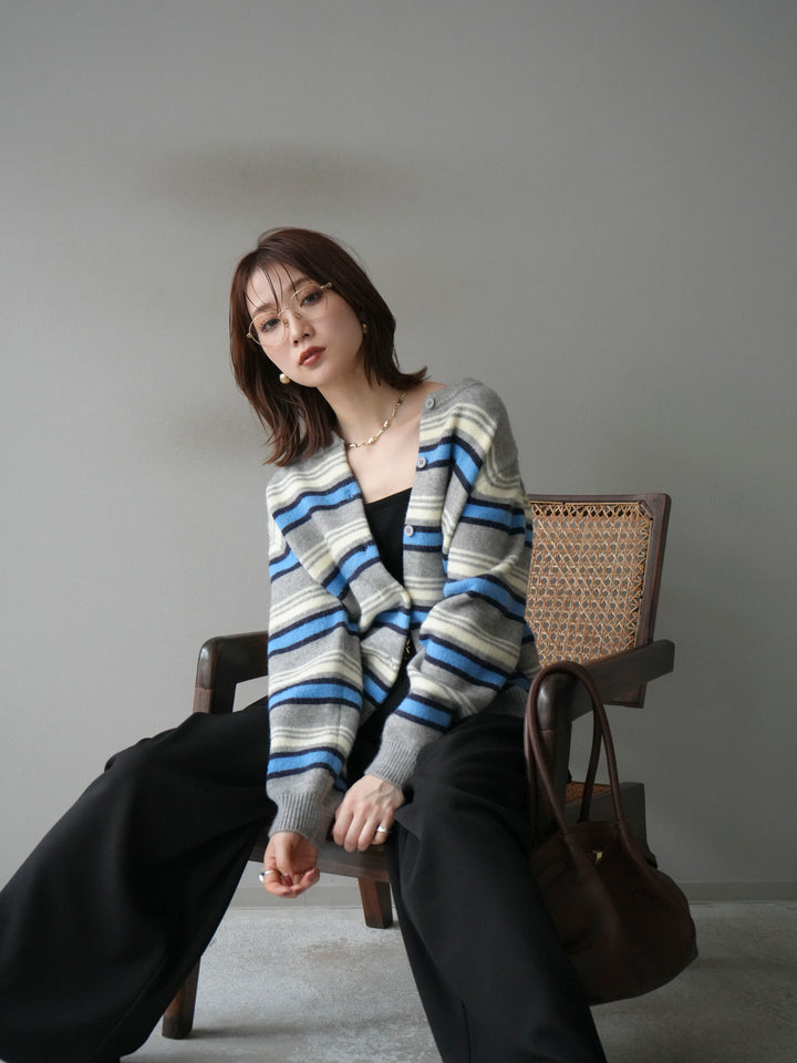 [SET]マルチボーダーニットカーディガン+ベルトループデザインワイドパンツ(2set)