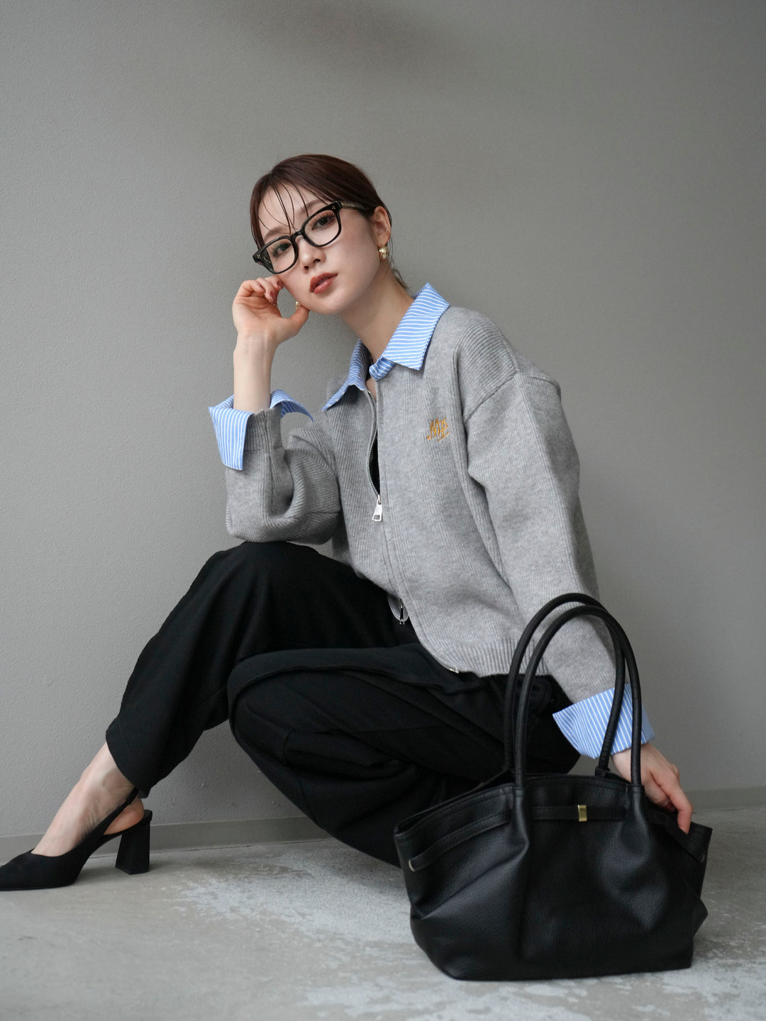 [SET]ストライプシャツレイヤードZIPニットカーディガン+選べるアクセセット(2set)