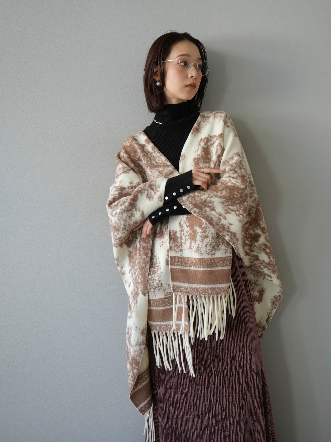 [SET]アブストラクト柄ストールポンチョ+選べるアクセセット(2set)