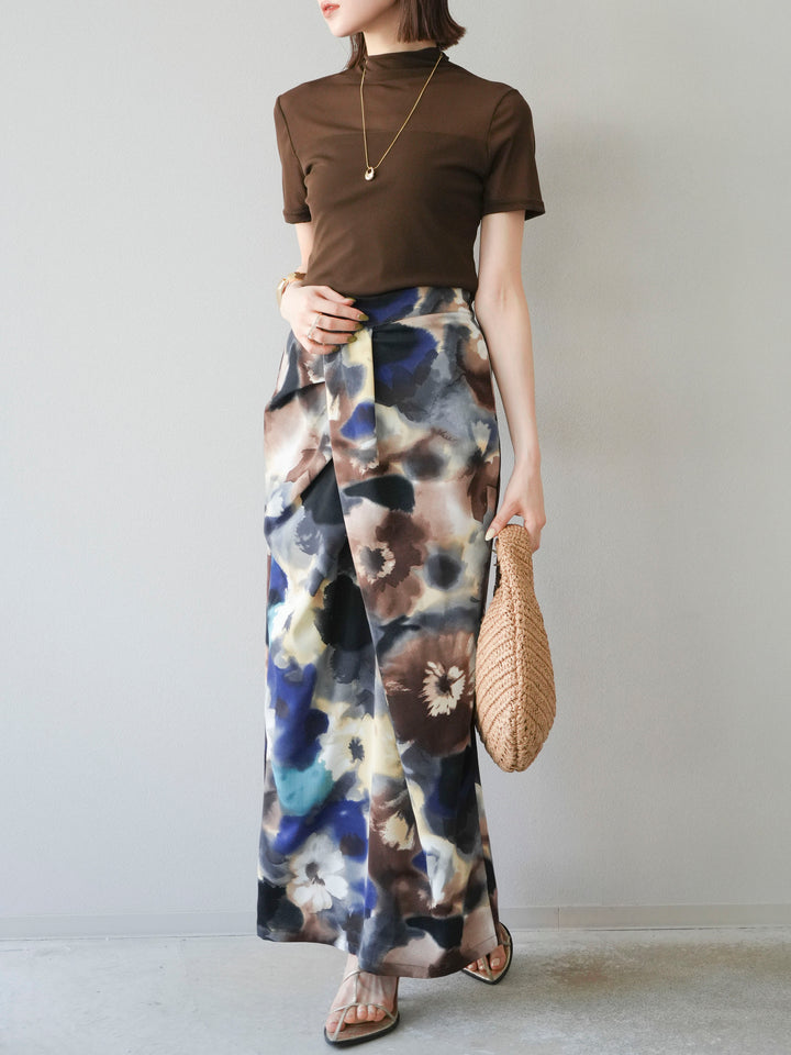 [SET] 透視半袖上衣 + 水彩印花褶襉I字裙 (2set)