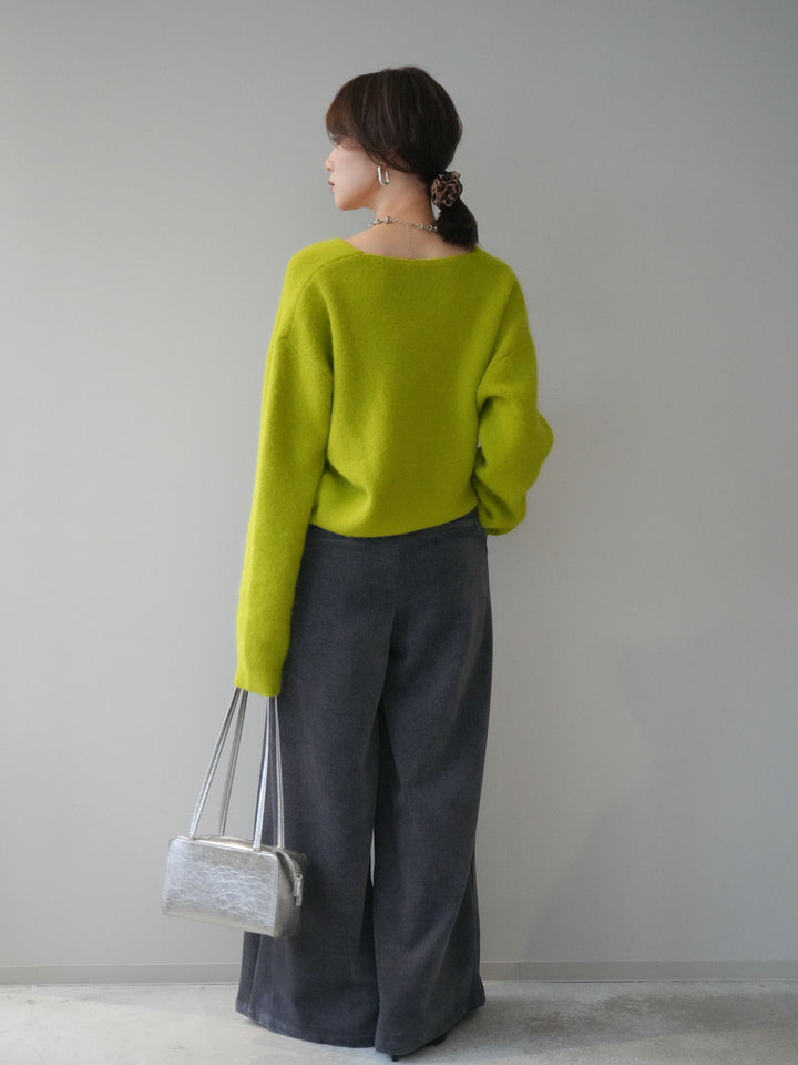 [SET]シュシュ付きアンゴラタッチVネックニットプルオーバー+ベルトデザインループコールテンワイドパンツ(ベルト付き)(2set)