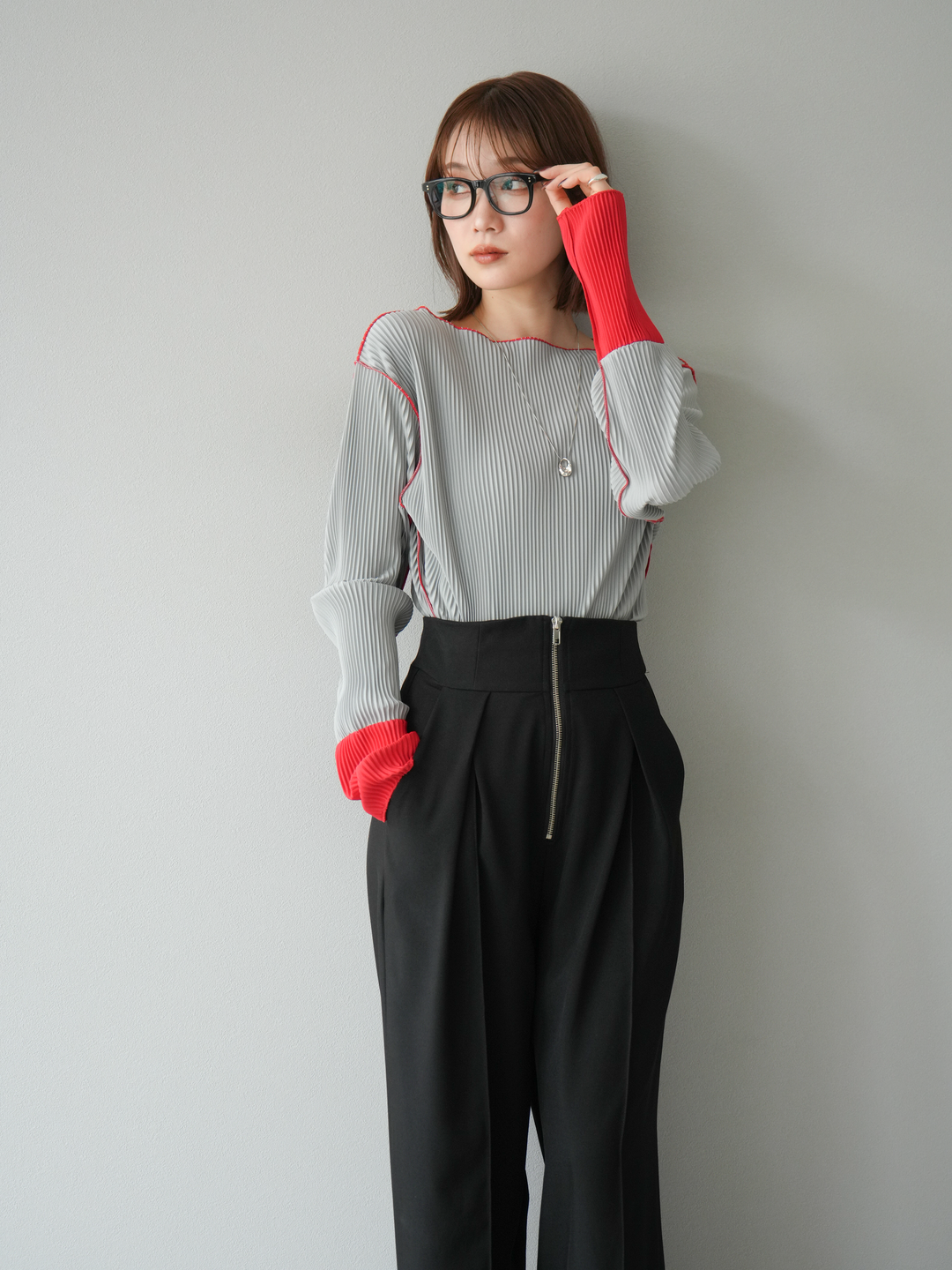 [予約]バイカラープリーツトップス/グレー