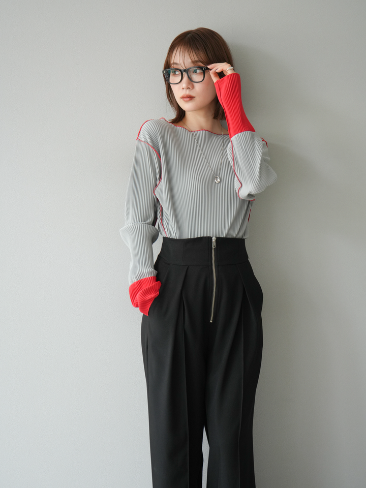 [予約]バイカラープリーツトップス/グレー