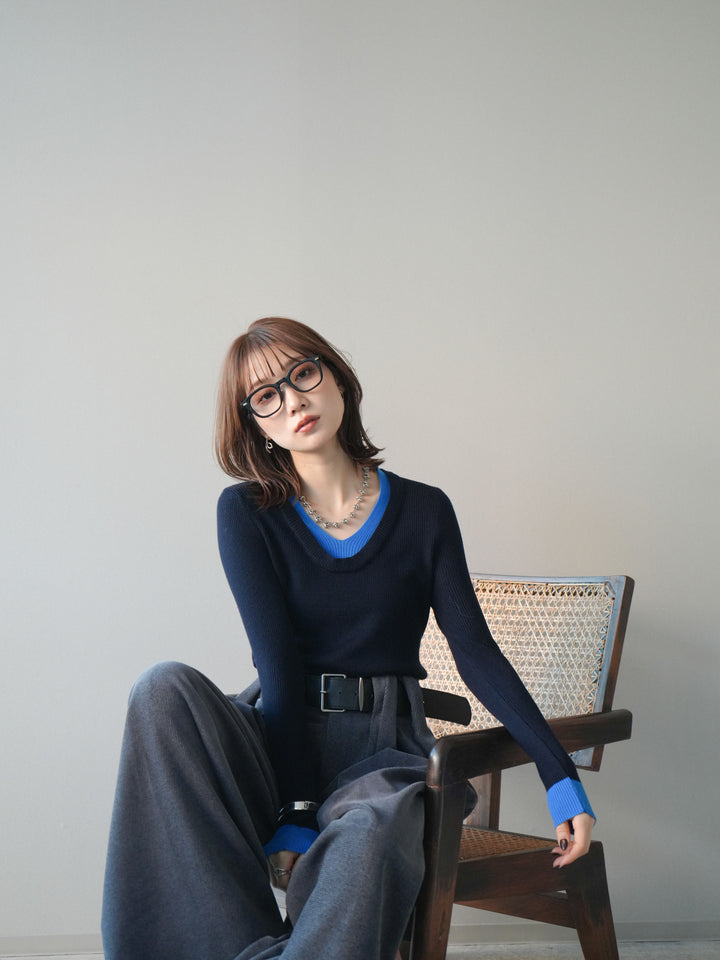 [予約]Uネック配色レイヤードリブニットトップス/black