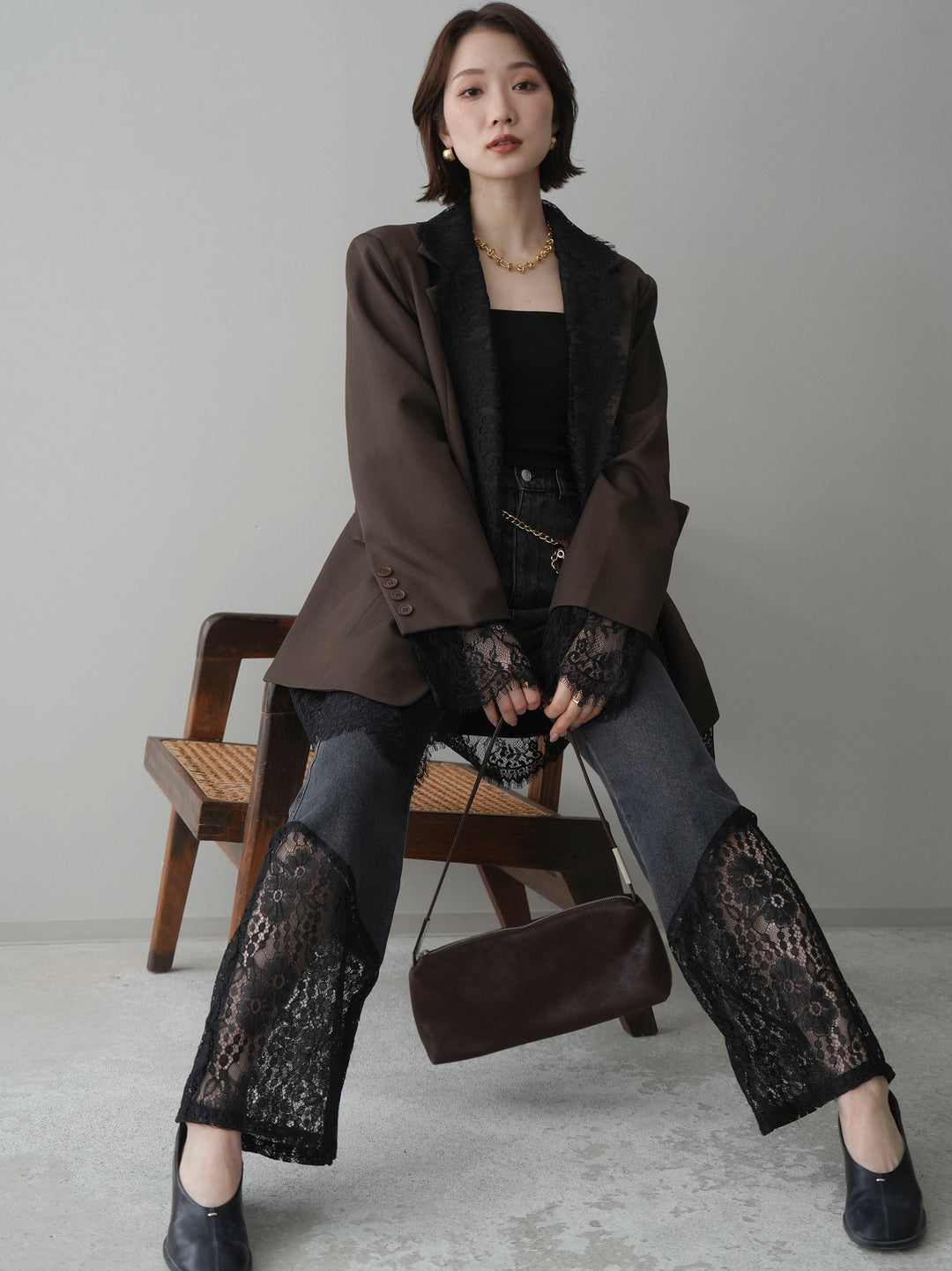 [予約]レースドッキングオーバージャケット/brown