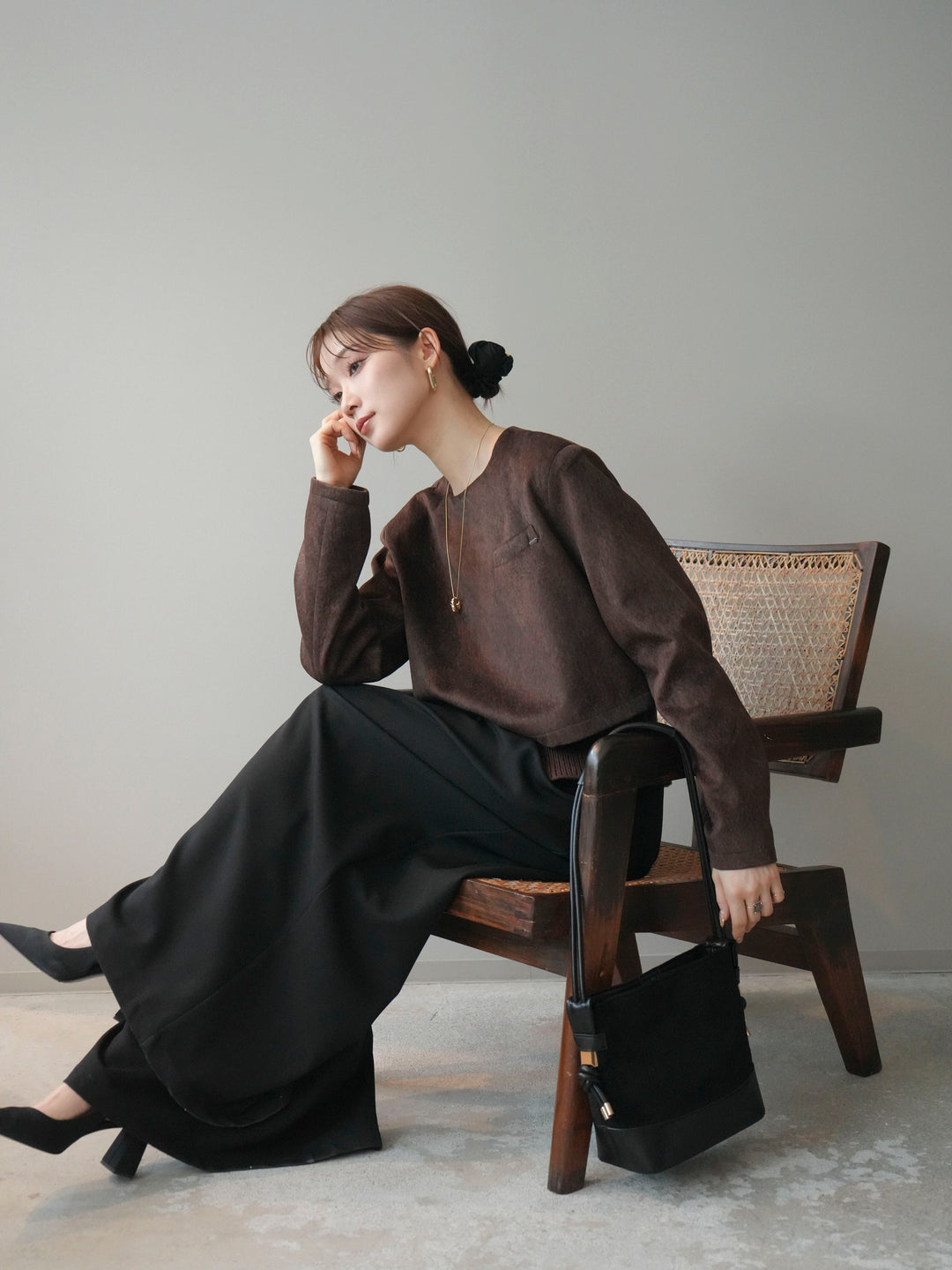 [予約]リブニットレイヤードスエードプルオーバー/brown