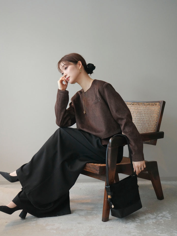 [予約]リブニットレイヤードスエードプルオーバー/brown