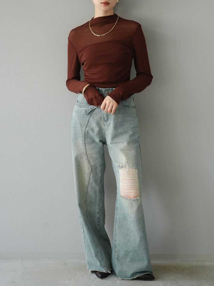 [SET]シアー切替ストレッチ長袖トップス+シアー切替ストレッチトップス(2set)