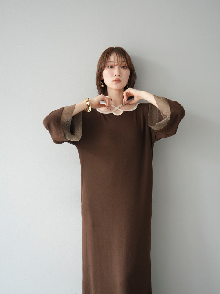 [予約]デザインネックラメシアー切替ニットワンピース/ブラウン