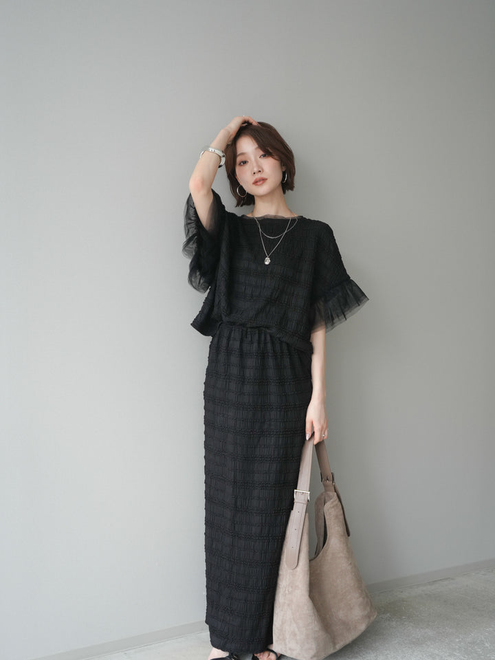 [SET]チュール袖リップルトップス+リップルIラインスカート(2set)