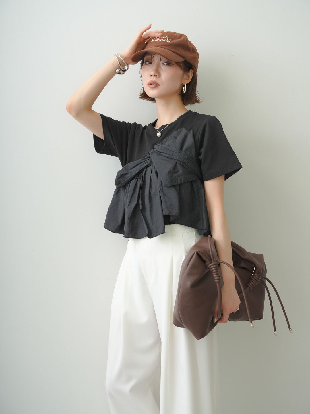 [SET]ナイロンドッキングツイストTEE +アシンメトリーベルトタックワイドパンツ(2set)