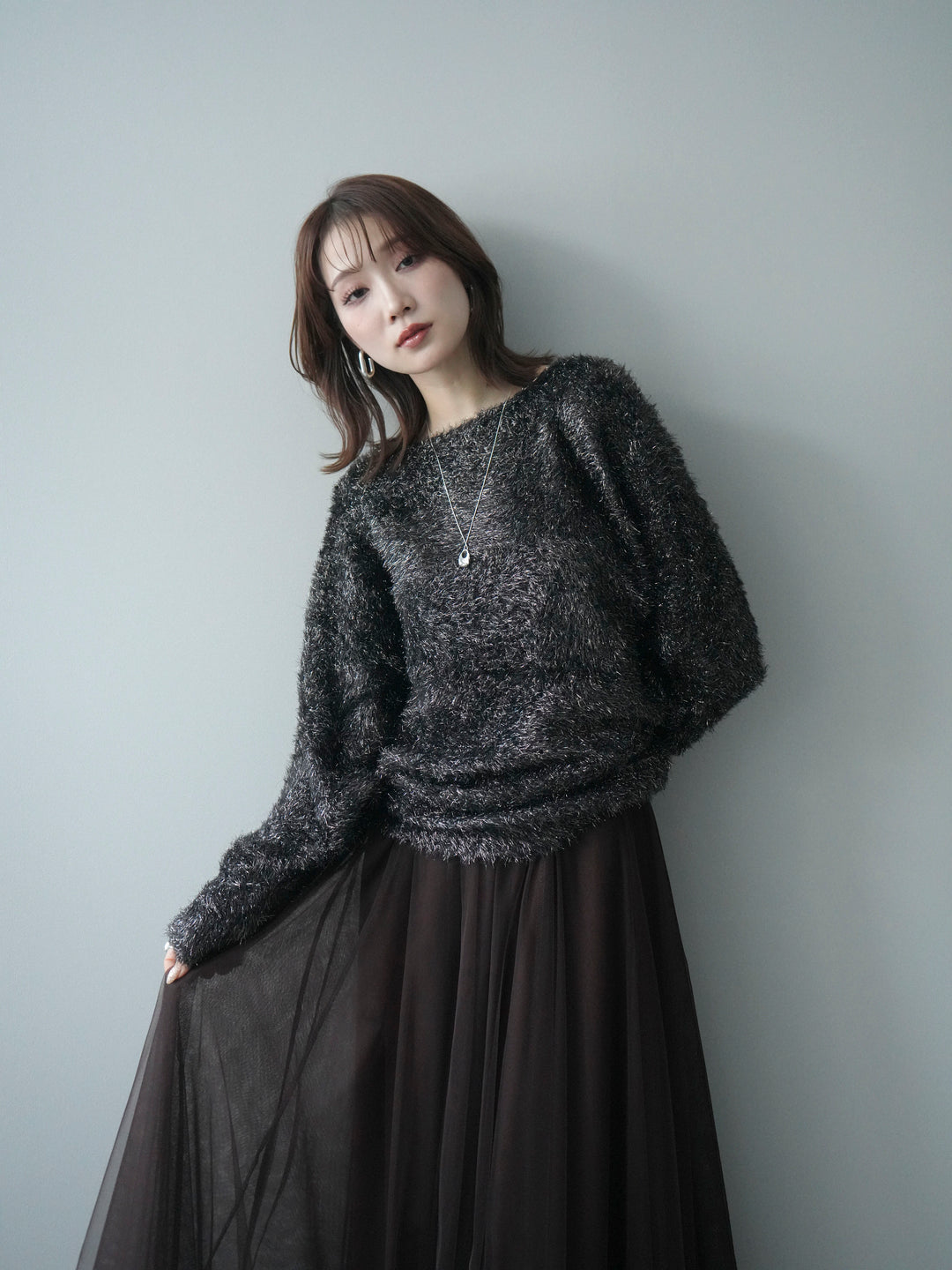 [予約]ラメシャギードルマンニットプルオーバー/brown