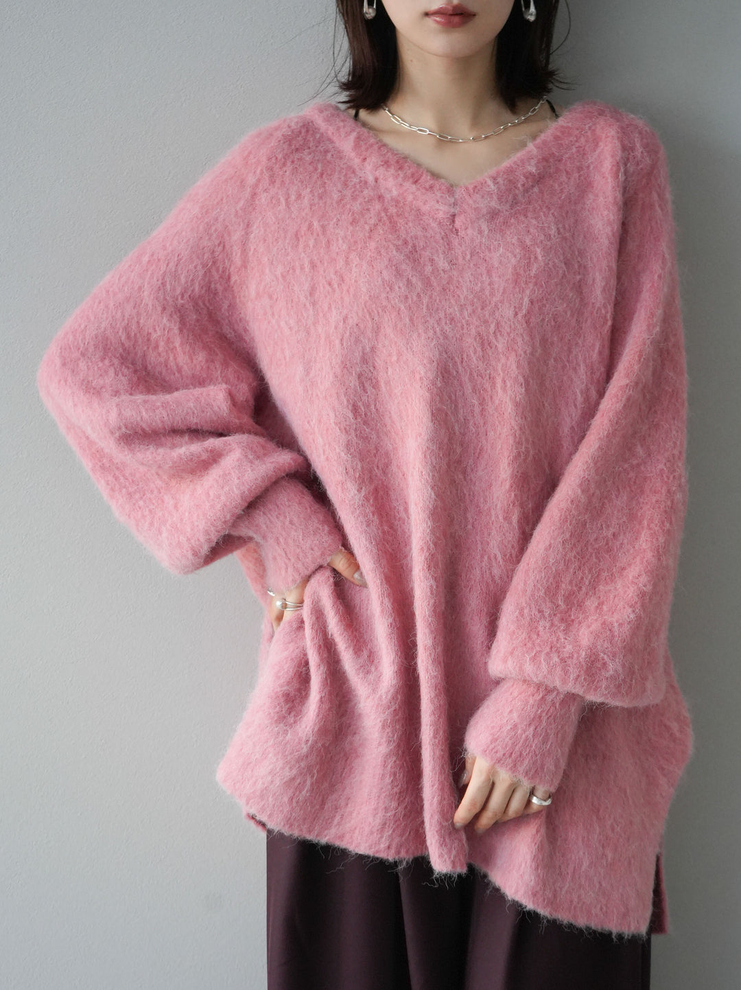 [予約]Vネックオーバーモヘアニットプルオーバー/ピンク
