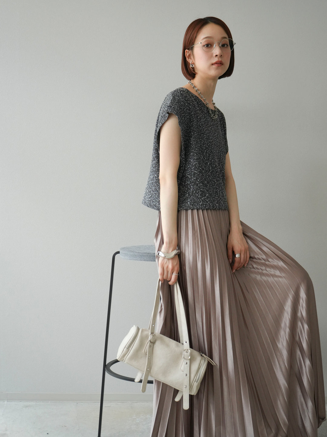 [SET]ネップヤーンクロップドニットベスト+サテンプリーツマキシスカート(2set)