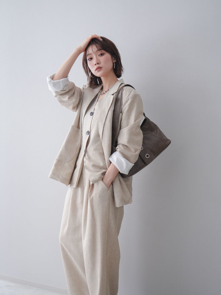 [SET]リネンライクテーラードジャケット+リネンライクバックオープンジレ+リネンライクタックワイドパンツ(3set)