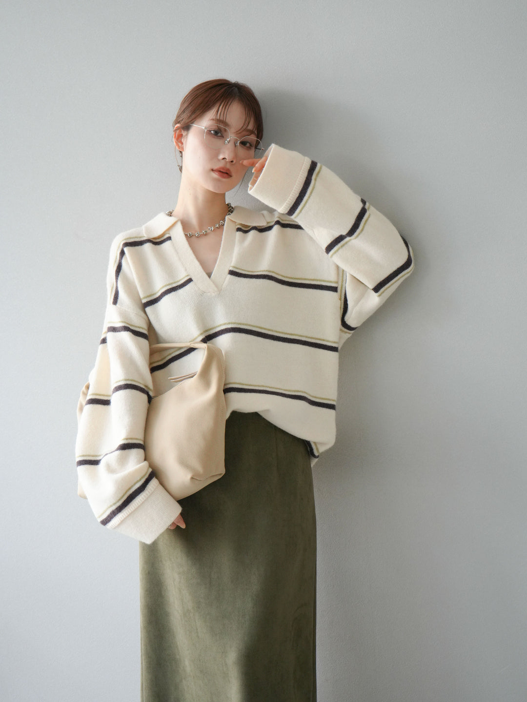 [SET]ポロ襟スキッパーボーダーニットプルオーバー+スウェードIラインスカート(2set)