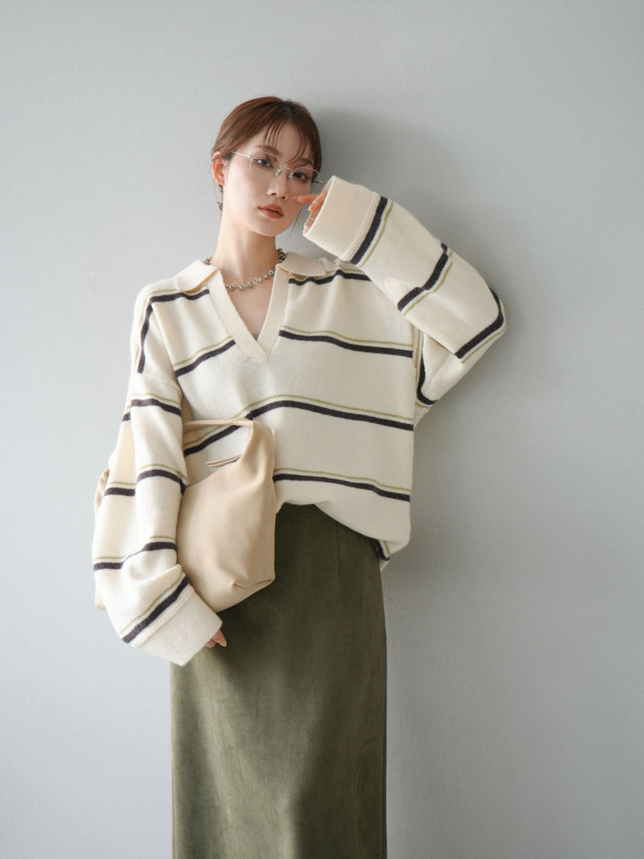 [SET]ポロ襟スキッパーボーダーニットプルオーバー+スウェードIラインスカート(2set)