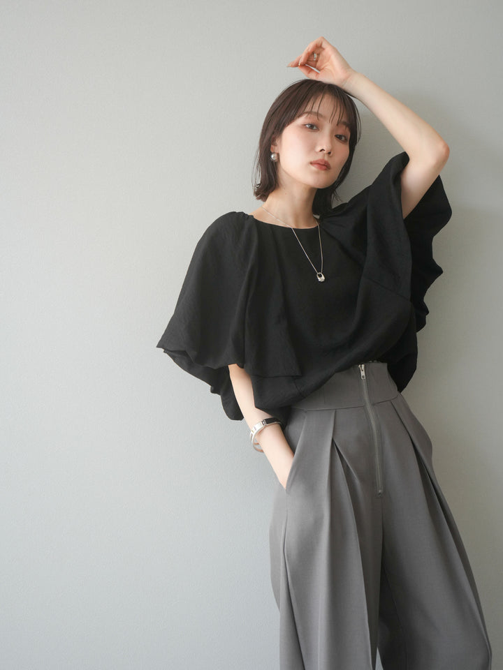 [SET] 燈籠袖褶襉設計上衣 + 拉鍊褶襉寬褲 (2 套)