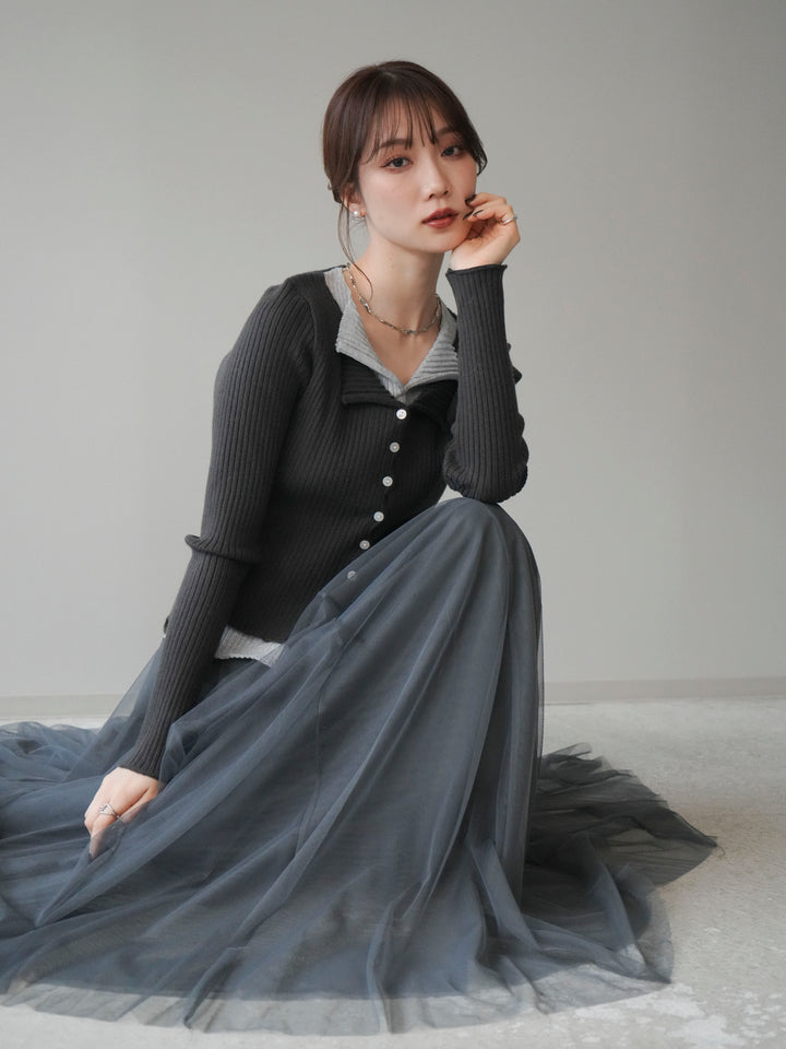 [予約]配色レイヤードリブニットカーディガン/charcoal