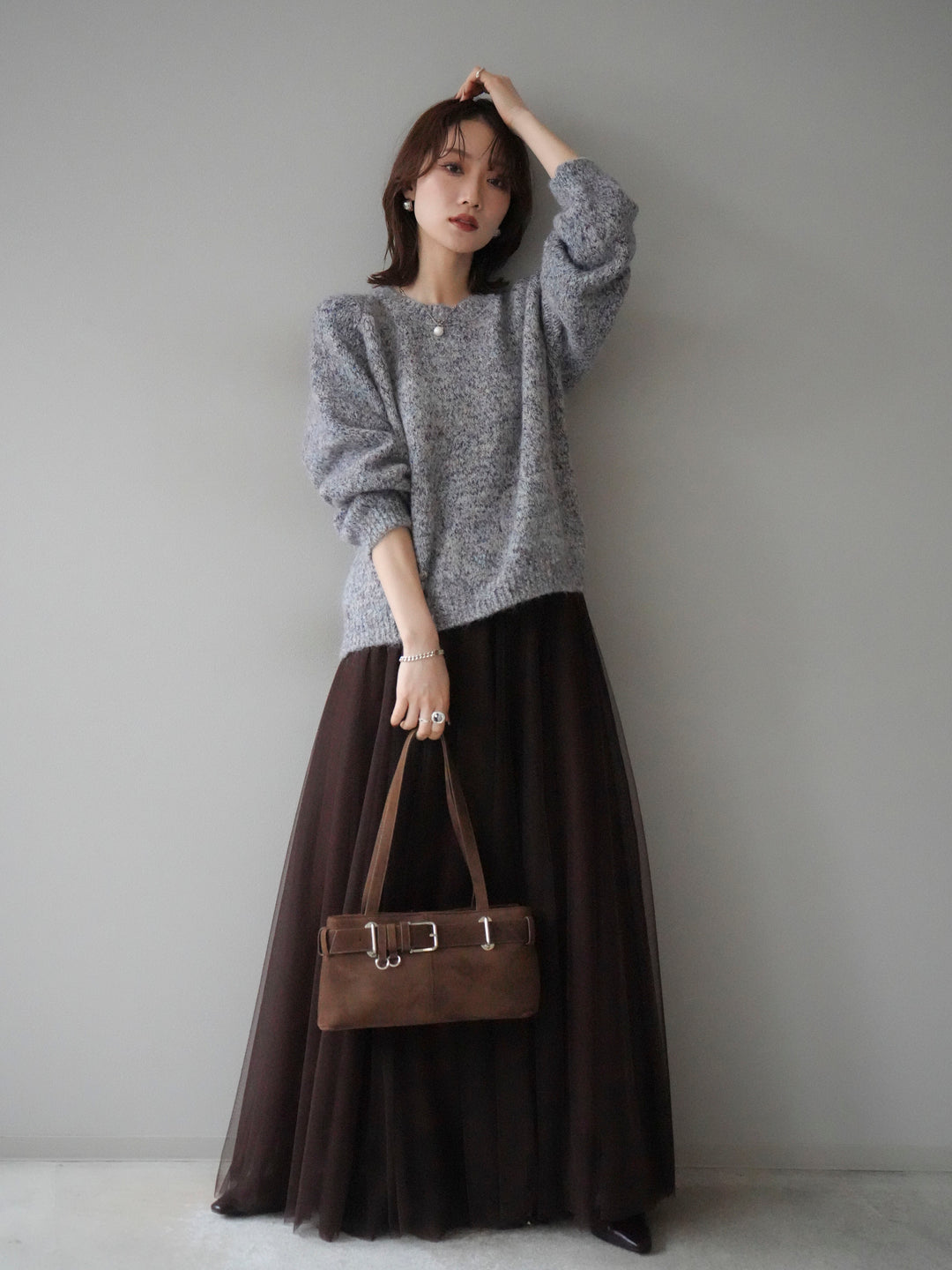 [SET]ロゴラベルミックスヤーンニットプルオーバー+チュールボリュームスカート(2set)