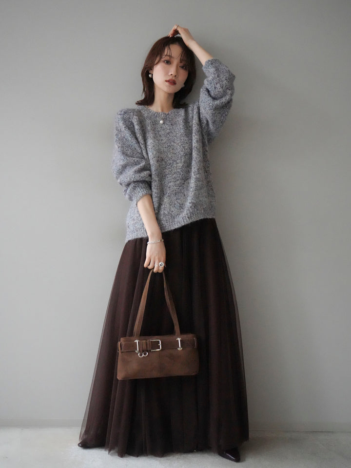[SET]ロゴラベルミックスヤーンニットプルオーバー+チュールボリュームスカート(2set)