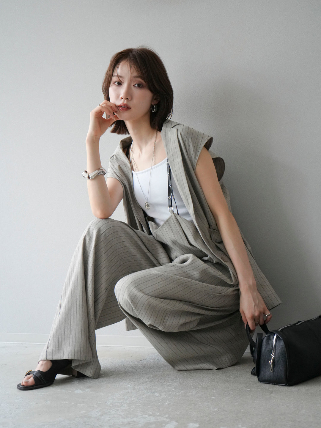 【着回しセット】[SET]ヘリンボーンストライプジレ+シアー切替ベロアトップス+ヘリンボーンストライプサロペット(3set)