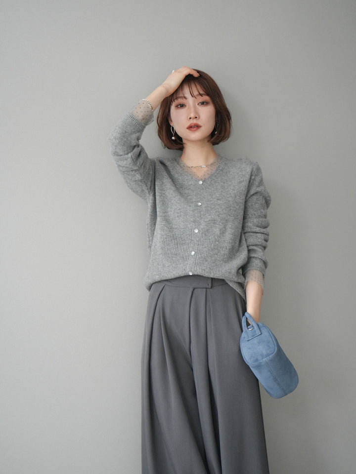 [SET]ドットチュールレイヤードボタンニットトップス+テープベルトタックバギーパンツ(2set)