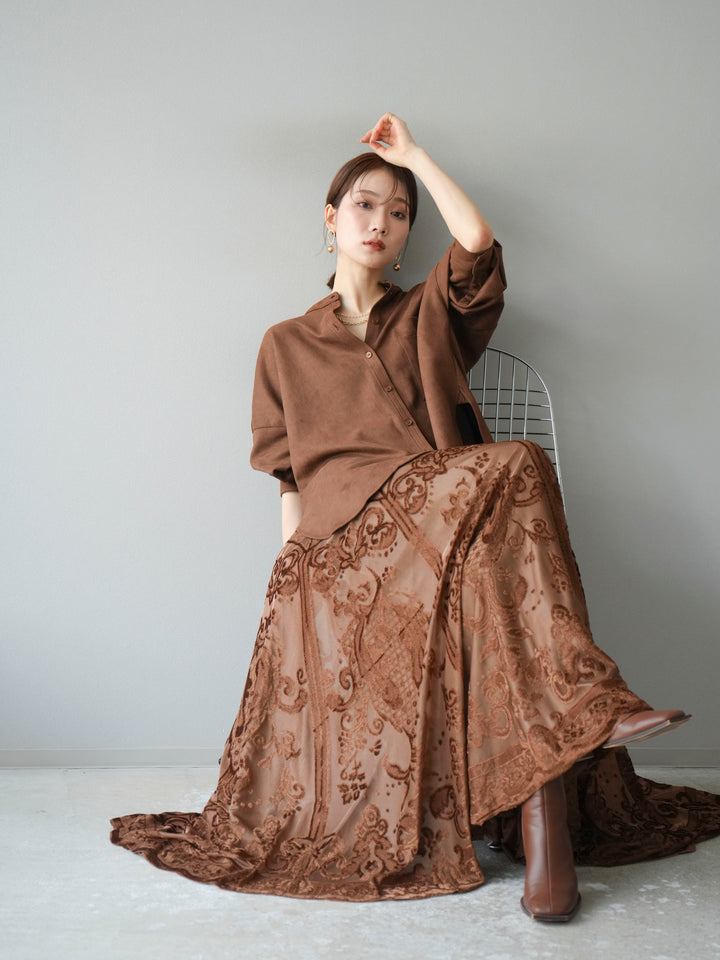 [SET]スエードバンドカラーオーバーシャツ+アンティーク柄フロッキーマキシスカート(2set)