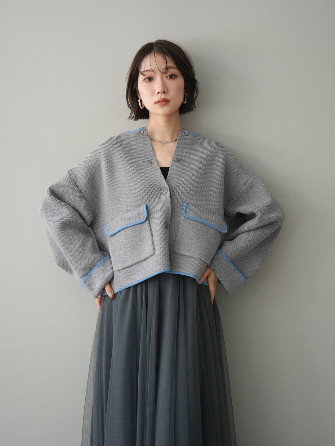 [SET]ポリエステル配色ニットカーディガン+選べるアクセセット(2set)