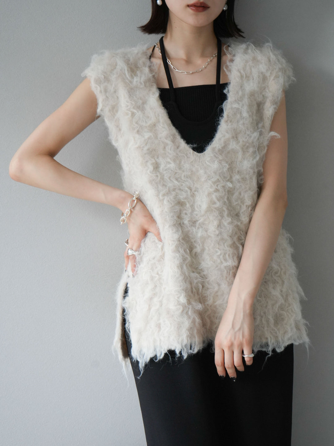 [予約]ウール混ミックスヤーンニットベスト/アイボリー